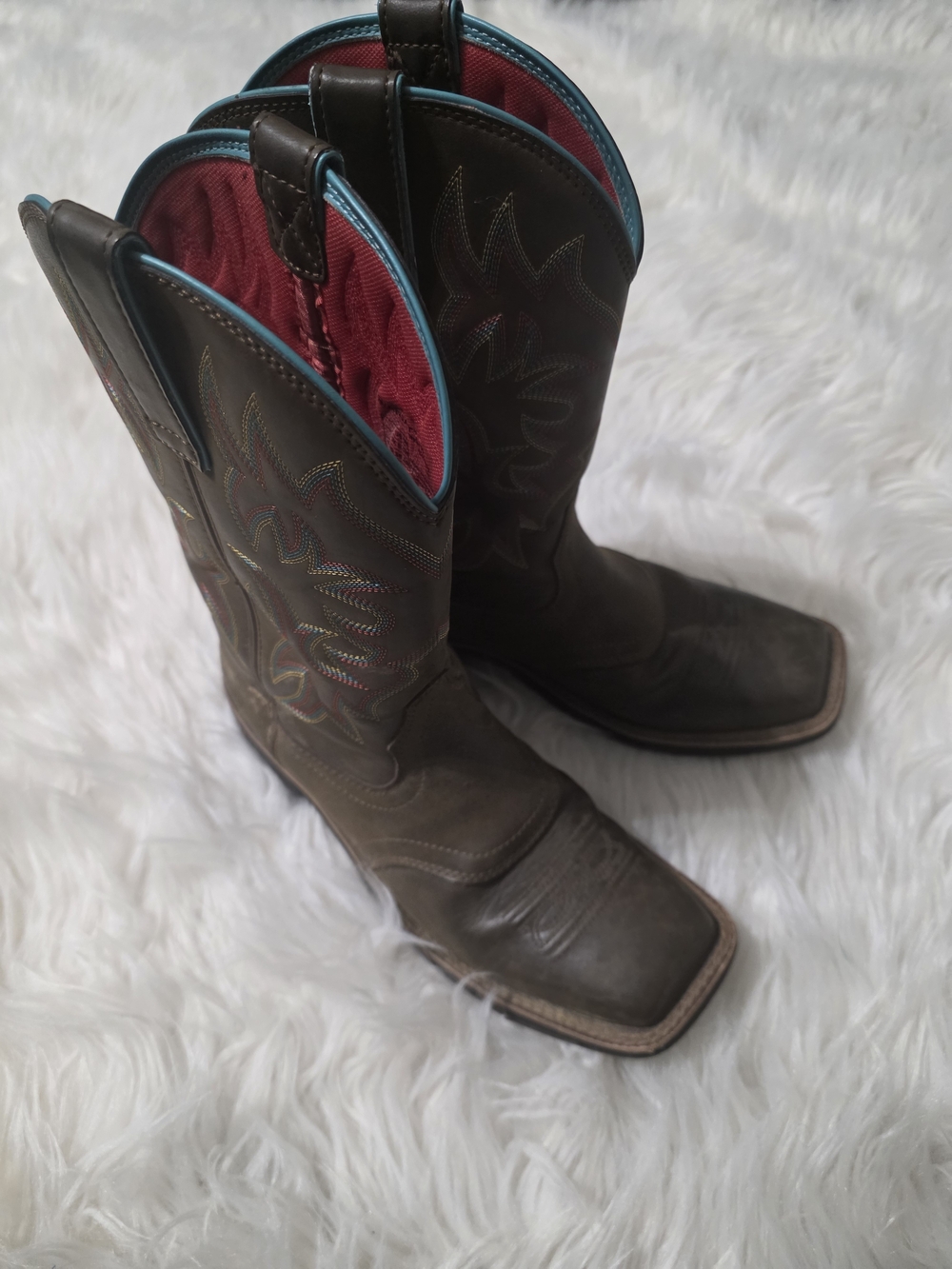 Ariat Brown Western Boots with Red Lining and Teal Trim